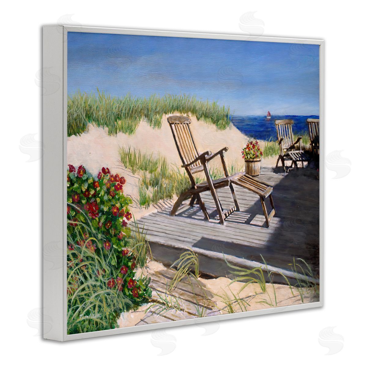 Tom Mielko Relaxing Waterfront Boardwalk Beach Chairs Summer Scene White Framed Giclee Wall Art Print