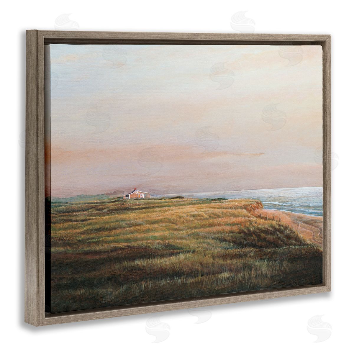 Tom Mielko Distant Seaside Cottage Rural Beach Ocean View  Brown Floating Frame Canvas Wall Art Print