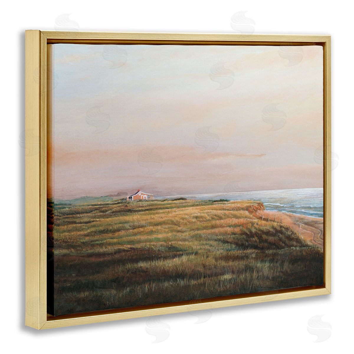 Tom Mielko Distant Seaside Cottage Rural Beach Ocean View  Gold Floating Frame Canvas Wall Art Print