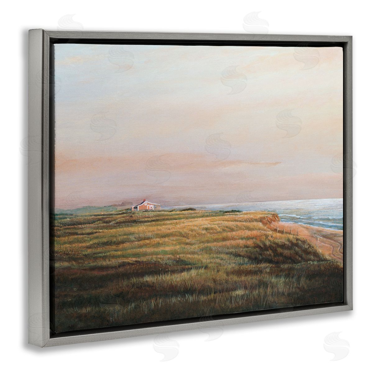 Tom Mielko Distant Seaside Cottage Rural Beach Ocean View  Gray Floating Frame Canvas Wall Art Print