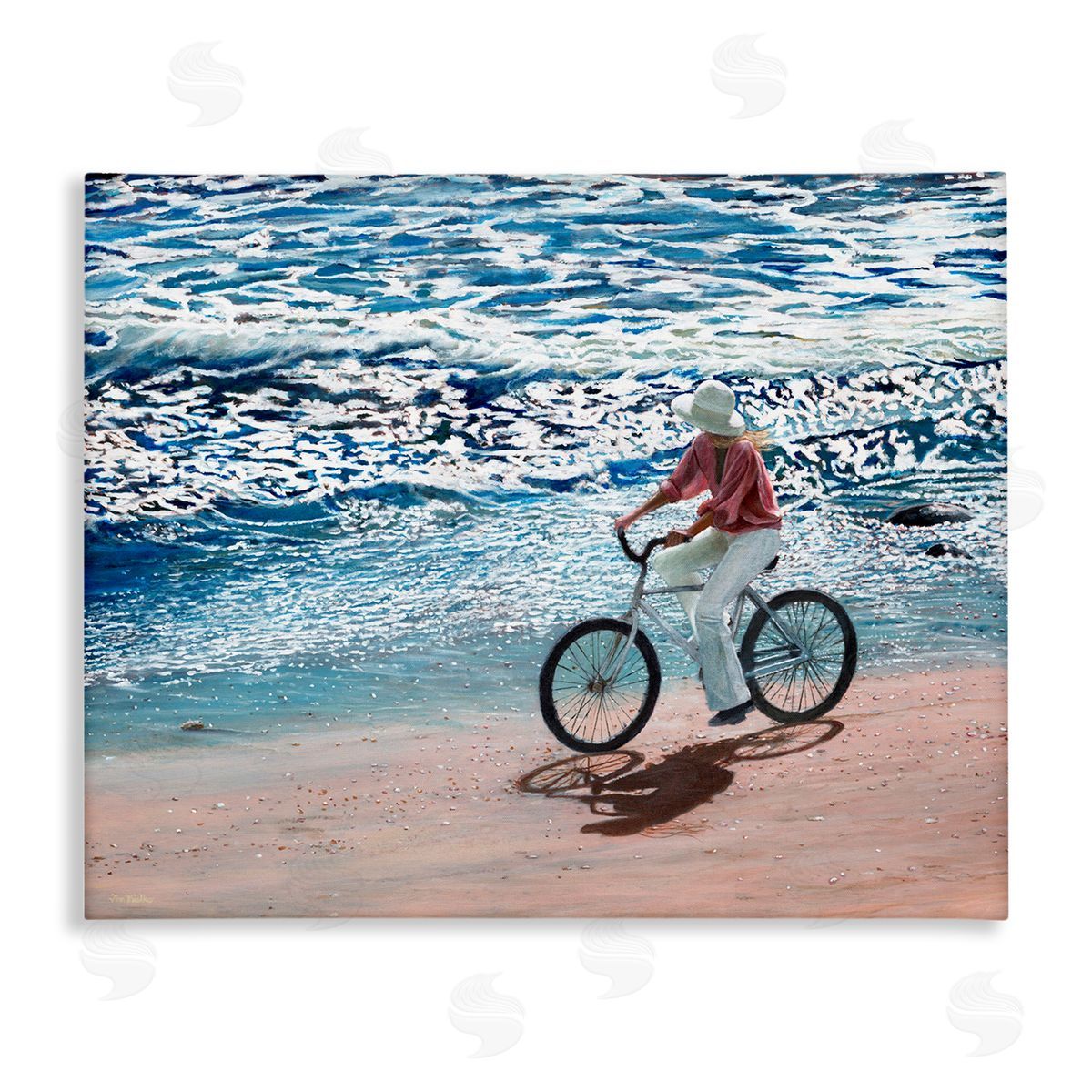 Tom Mielko Woman Riding Bicycle Coastal Beach Shoreline Landscape Stretched Canvas Wall Art Print