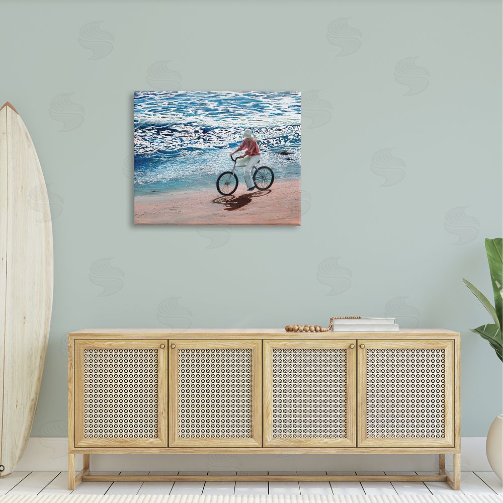 Tom Mielko Woman Riding Bicycle Coastal Beach Shoreline Landscape Canvas Wall Art Print in Room