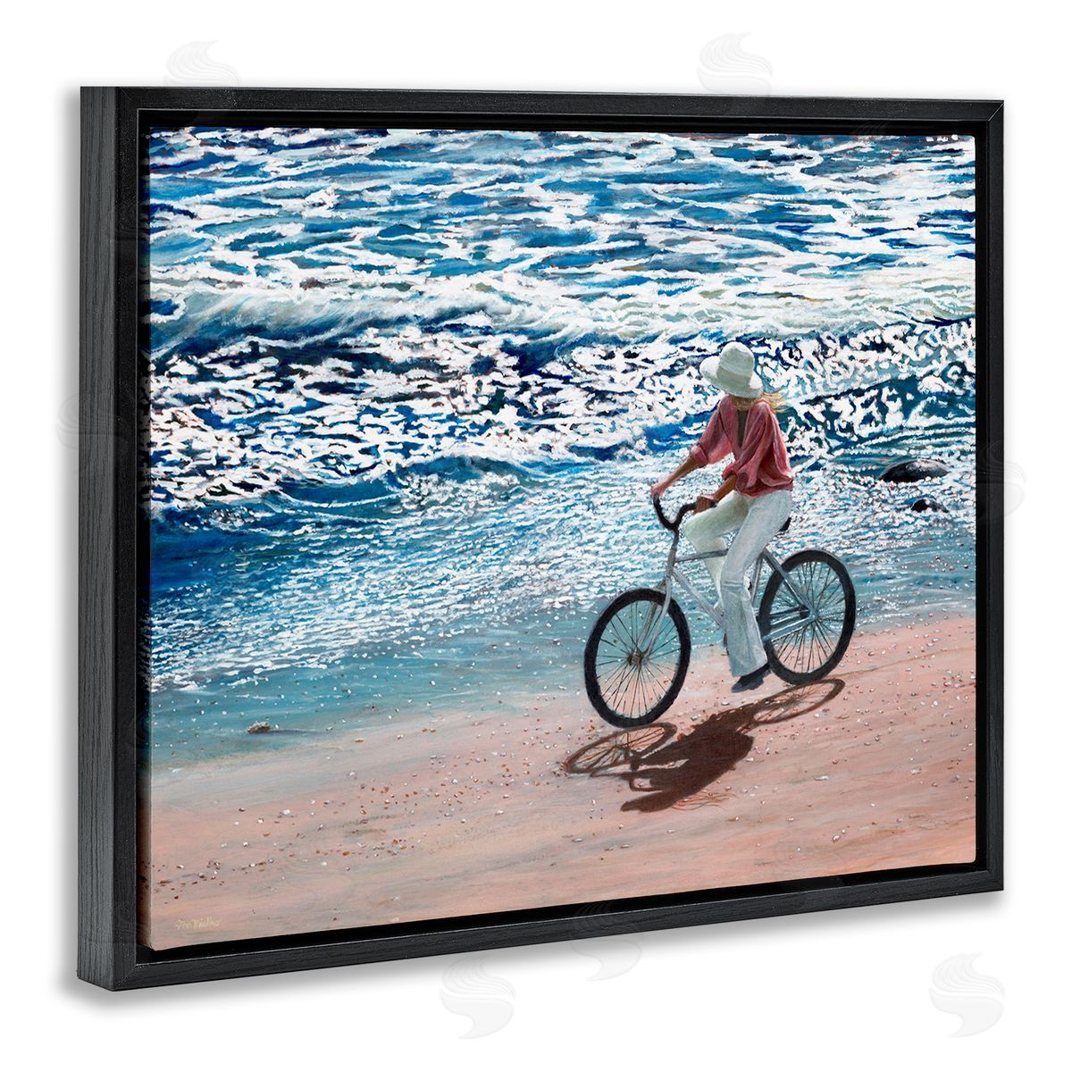 Tom Mielko Woman Riding Bicycle Coastal Beach Shoreline Landscape Black Floating Frame Canvas Wall Art Print