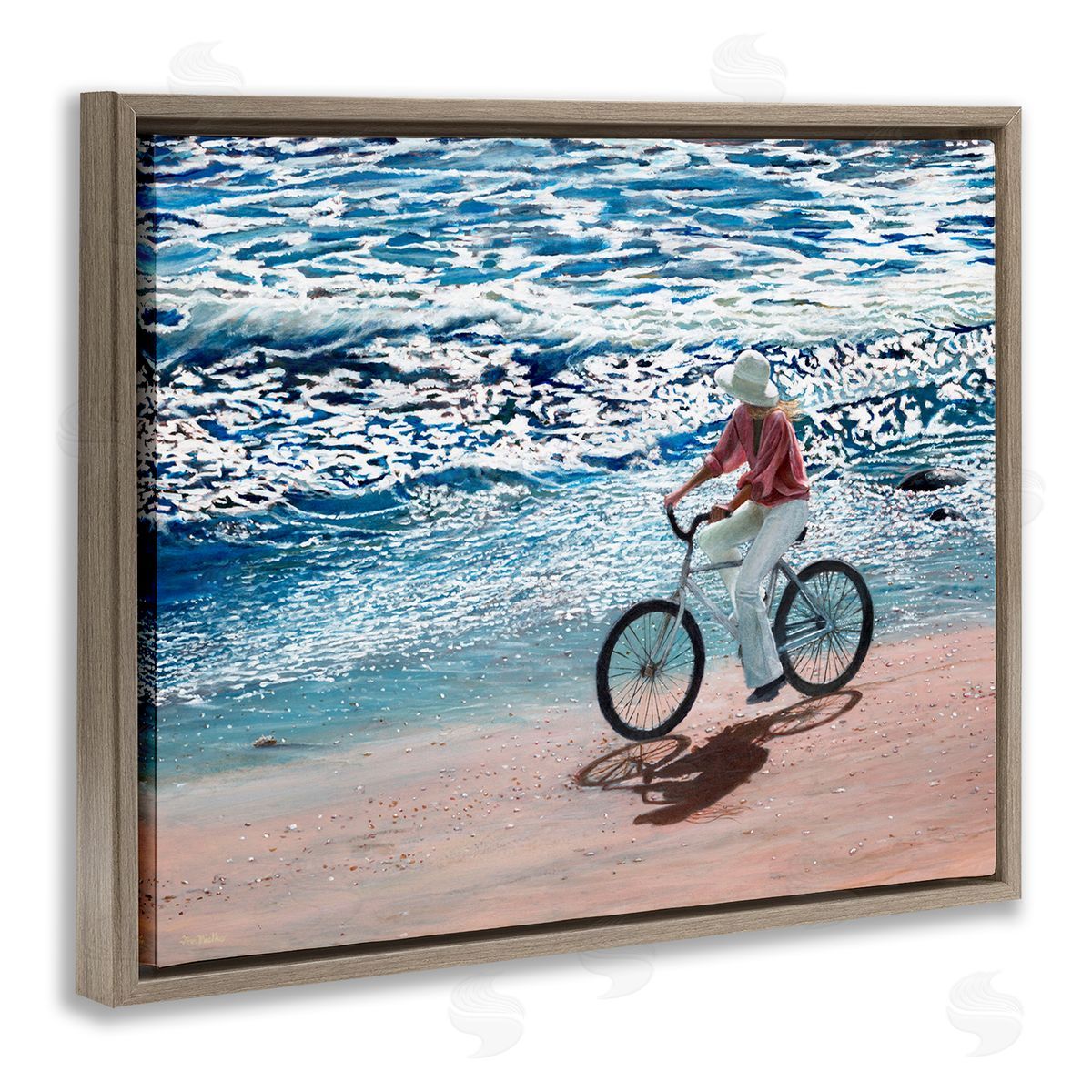 Tom Mielko Woman Riding Bicycle Coastal Beach Shoreline Landscape Brown Floating Frame Canvas Wall Art Print