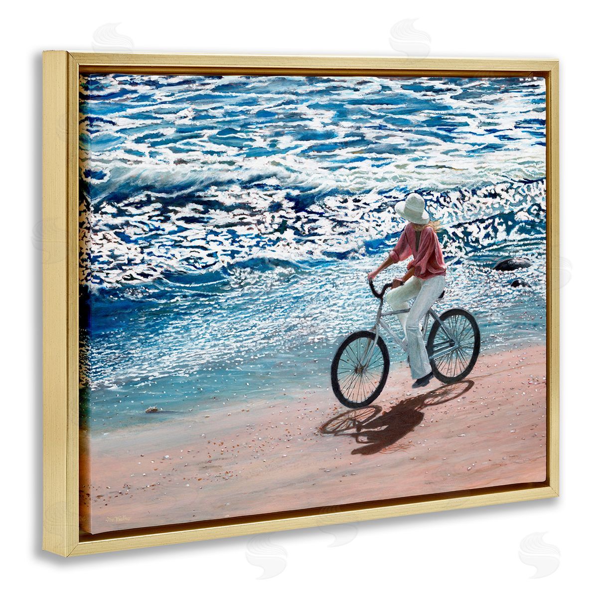 Tom Mielko Woman Riding Bicycle Coastal Beach Shoreline Landscape Gold Floating Frame Canvas Wall Art Print