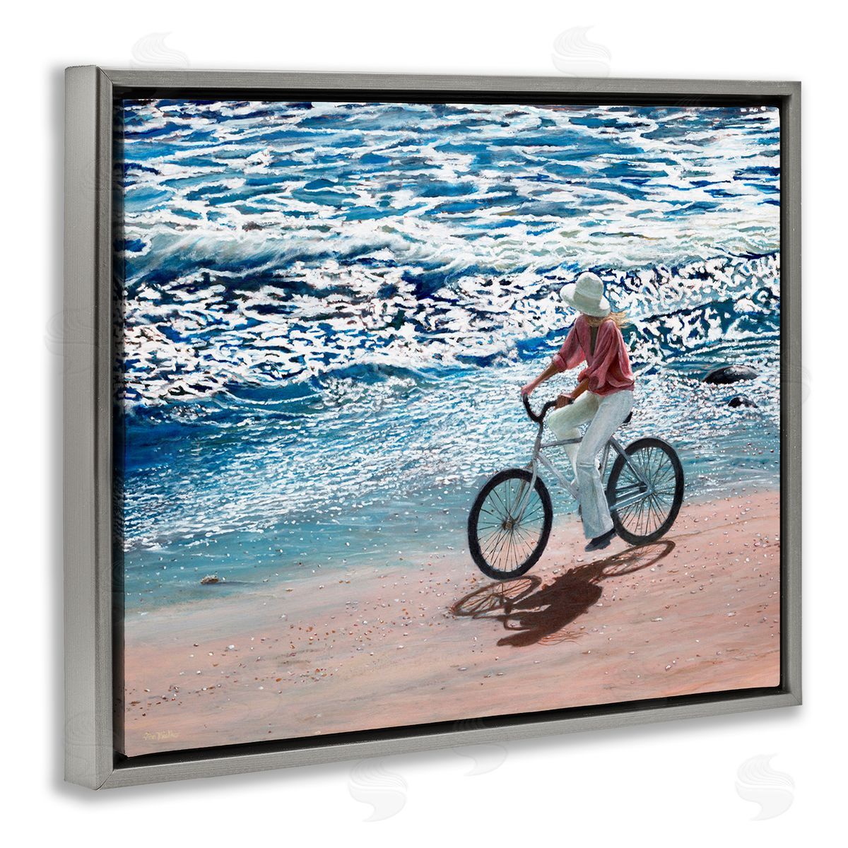 Tom Mielko Woman Riding Bicycle Coastal Beach Shoreline Landscape Gray Floating Frame Canvas Wall Art Print
