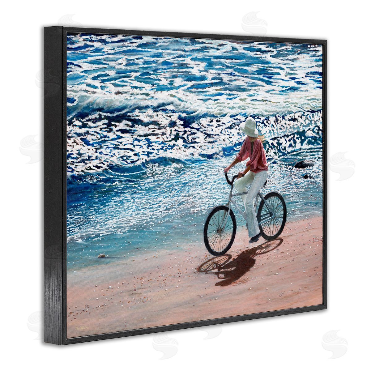 Tom Mielko Woman Riding Bicycle Coastal Beach Shoreline Landscape Black Framed Giclee Wall Art Print