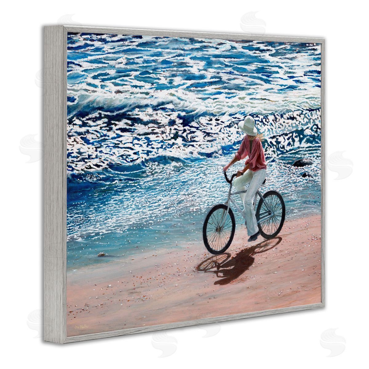 Tom Mielko Woman Riding Bicycle Coastal Beach Shoreline Landscape Gray Framed Giclee Wall Art Print