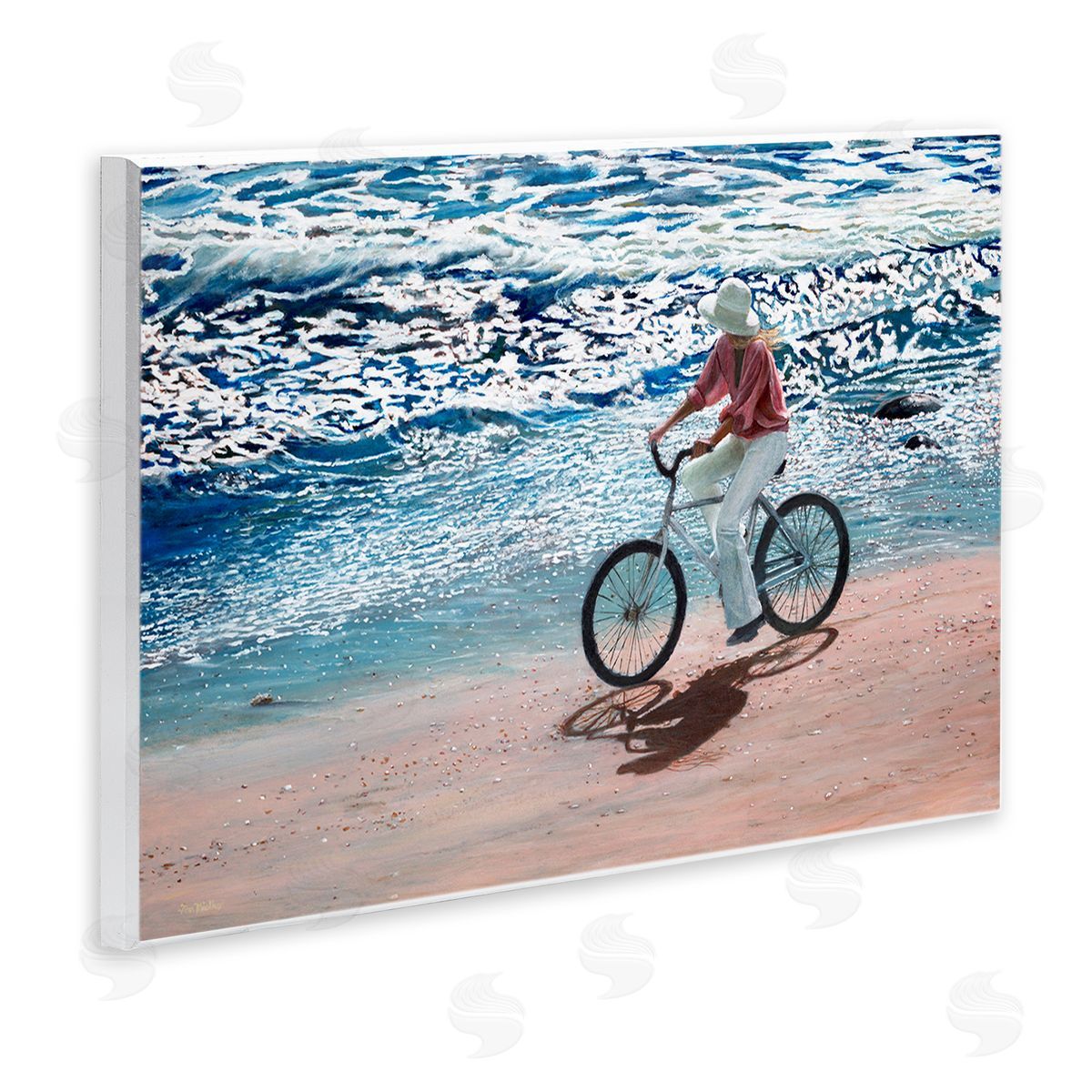 Tom Mielko Woman Riding Bicycle Coastal Beach Shoreline Landscape Wall Plaque Art Print