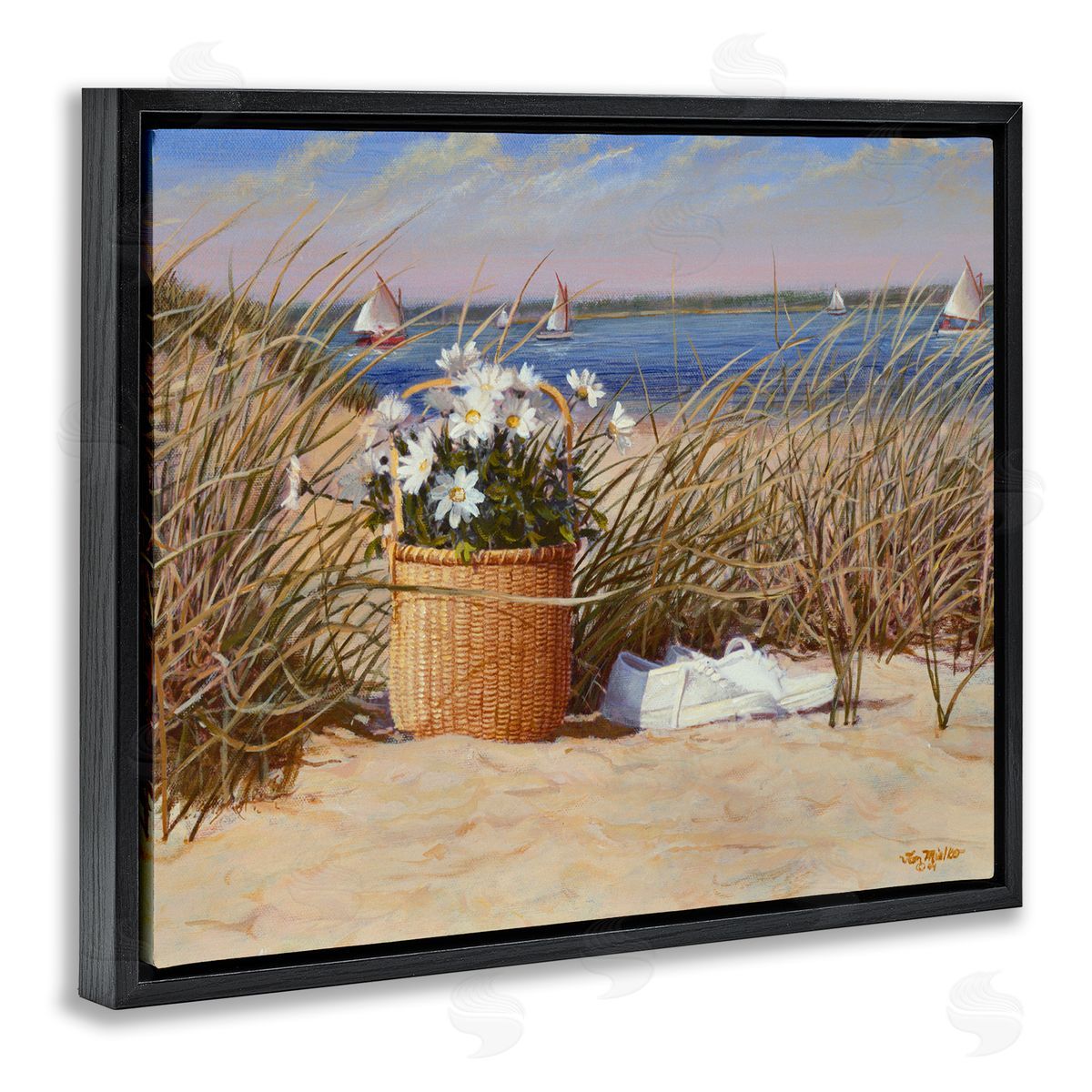Tom Mielko Coastal Flower Blossom Basket Windblown Beach Grass Black Floating Frame Canvas Wall Art Print