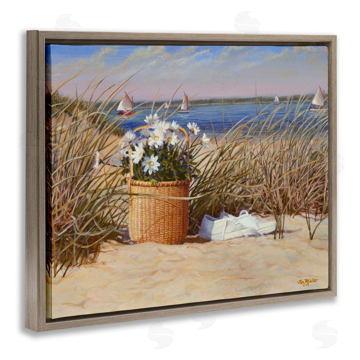 Tom Mielko Coastal Flower Blossom Basket Windblown Beach Grass Brown Floating Frame Canvas Wall Art Print