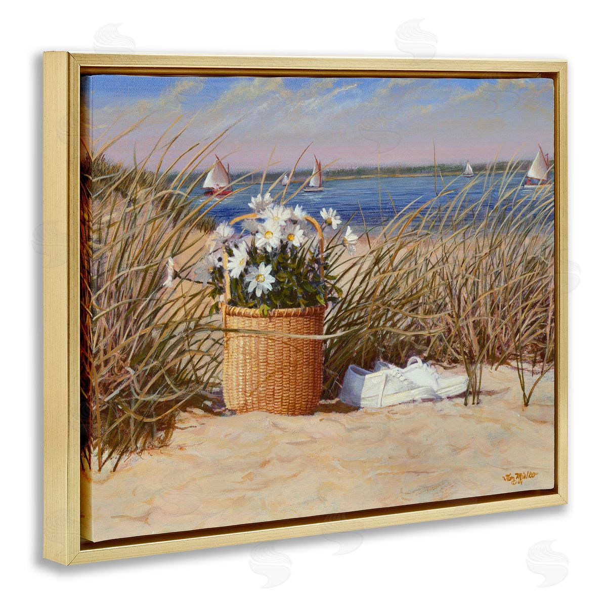Tom Mielko Coastal Flower Blossom Basket Windblown Beach Grass Gold Floating Frame Canvas Wall Art Print