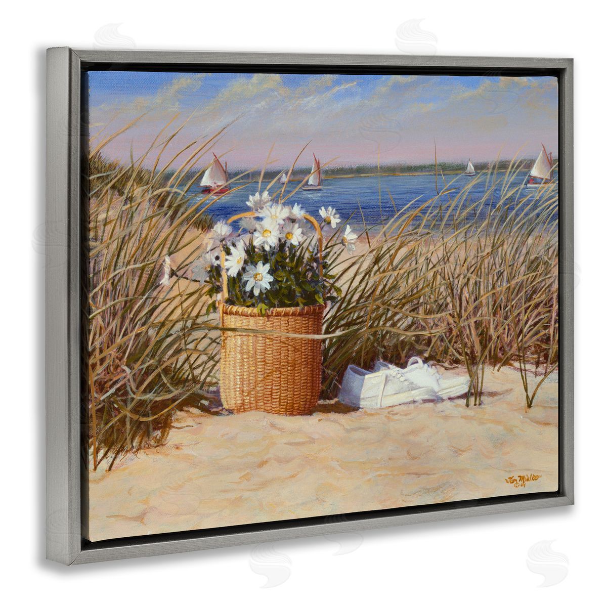 Tom Mielko Coastal Flower Blossom Basket Windblown Beach Grass Gray Floating Frame Canvas Wall Art Print