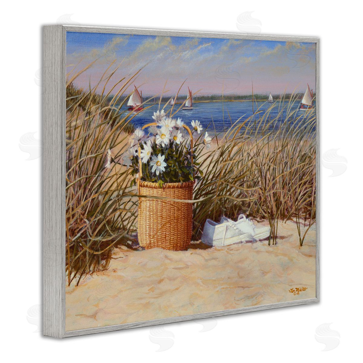 Tom Mielko Coastal Flower Blossom Basket Windblown Beach Grass Gray Framed Giclee Wall Art Print