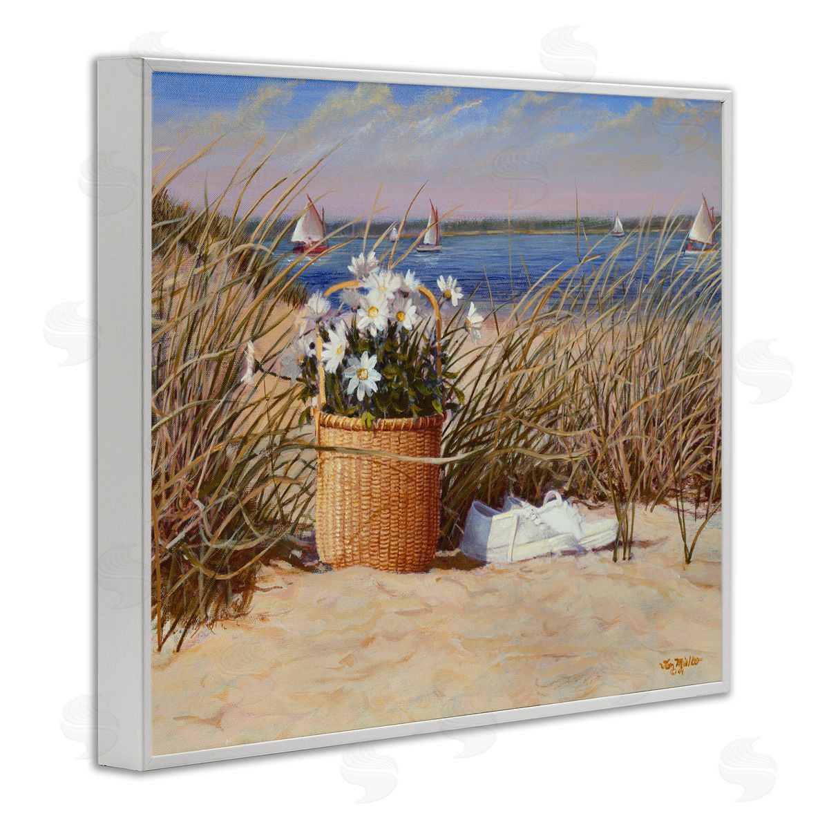 Tom Mielko Coastal Flower Blossom Basket Windblown Beach Grass White Framed Giclee Wall Art Print