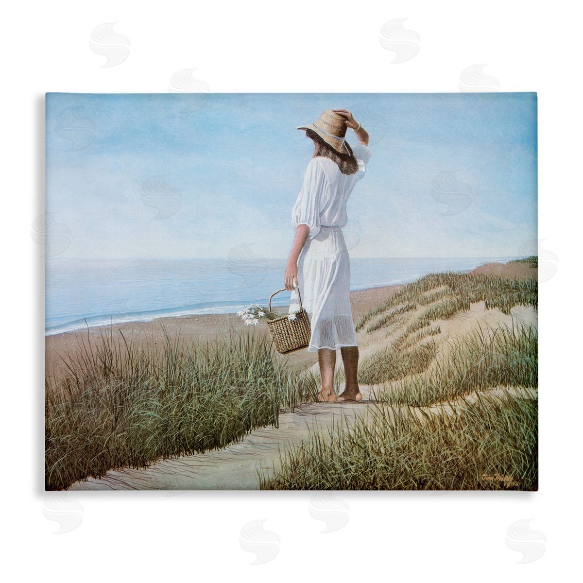 Tom Mielko Woman Enjoying Peaceful Beach Shore Landscape View Stretched Canvas Wall Art Print