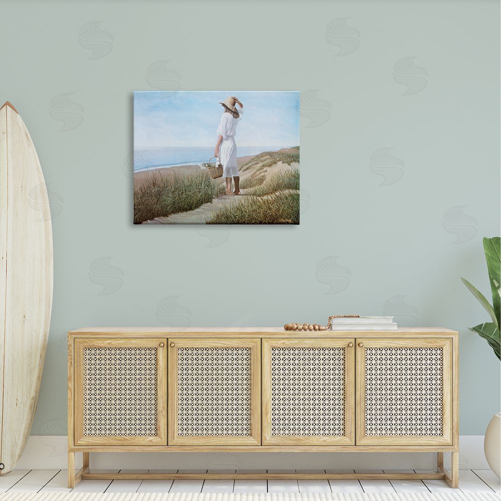 Tom Mielko Woman Enjoying Peaceful Beach Shore Landscape View Canvas Wall Art Print in Room