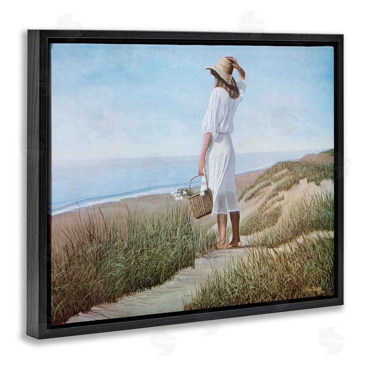 Tom Mielko Woman Enjoying Peaceful Beach Shore Landscape View Black Floating Frame Canvas Wall Art Print