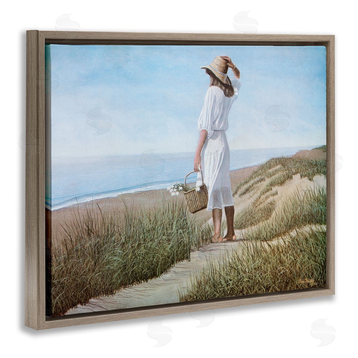 Tom Mielko Woman Enjoying Peaceful Beach Shore Landscape View Brown Floating Frame Canvas Wall Art Print