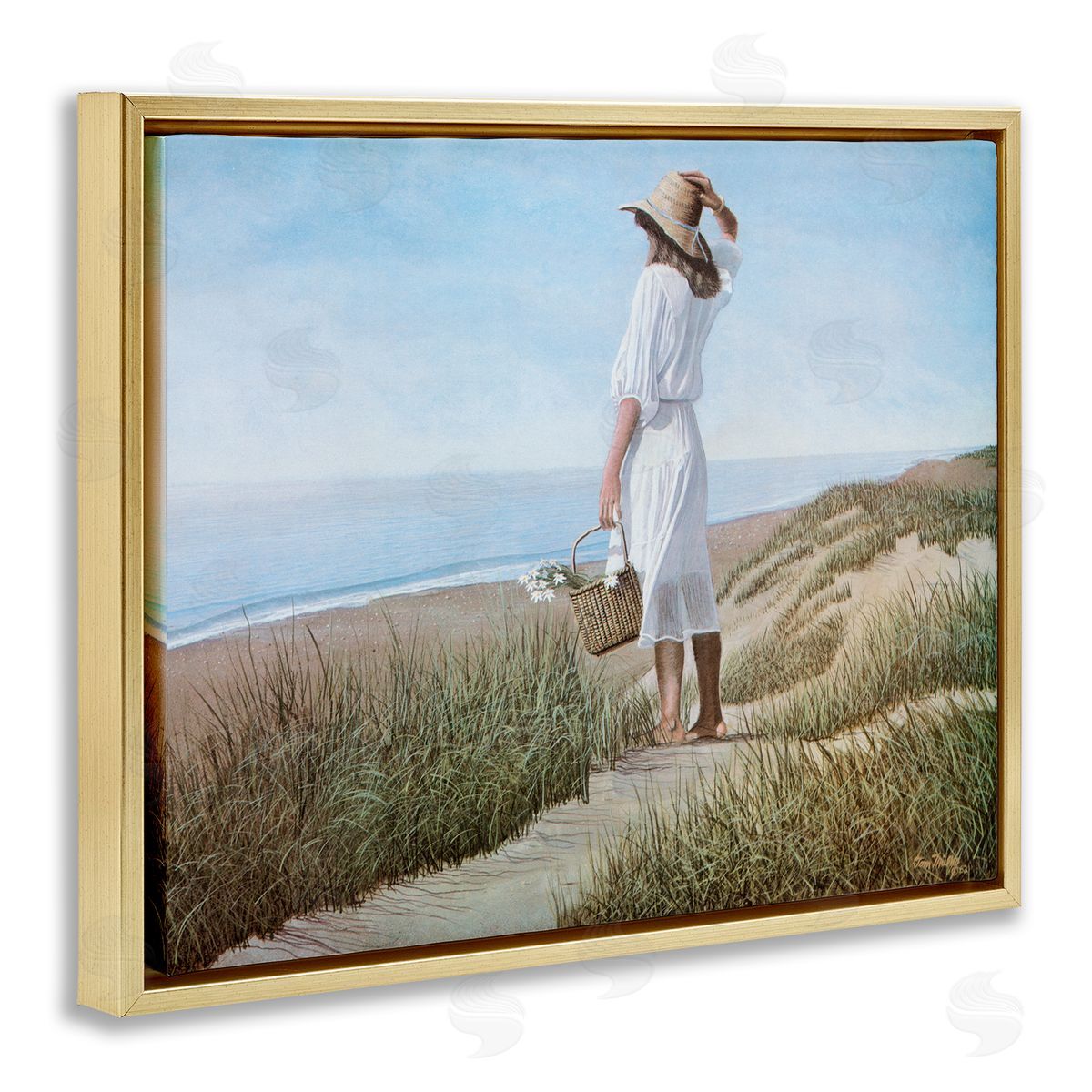 Tom Mielko Woman Enjoying Peaceful Beach Shore Landscape View Gold Floating Frame Canvas Wall Art Print