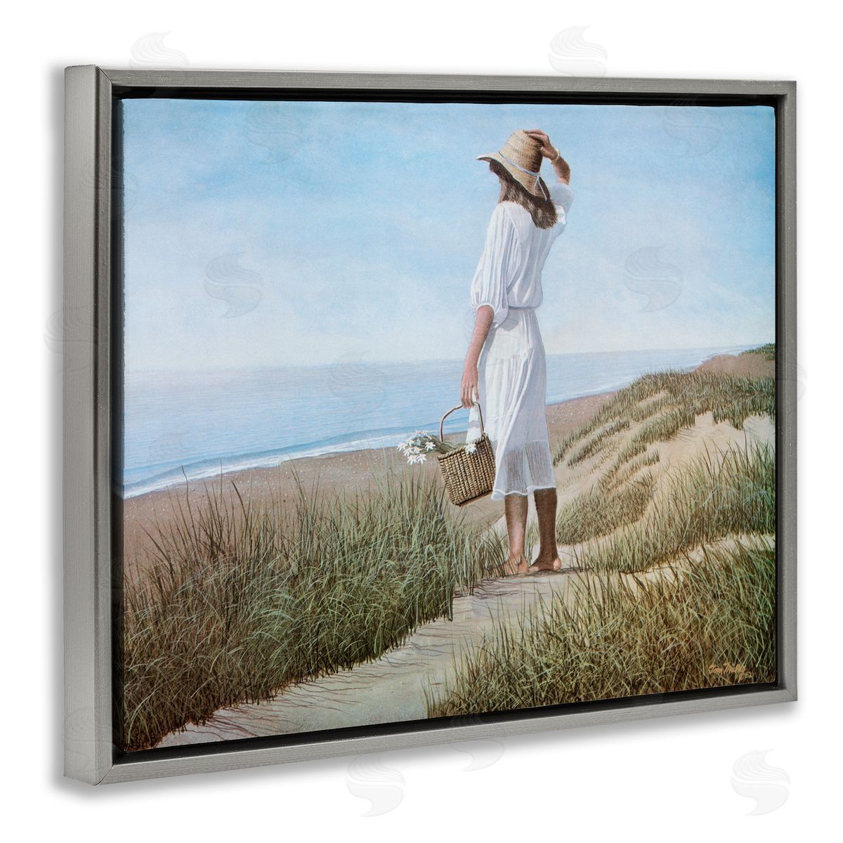 Tom Mielko Woman Enjoying Peaceful Beach Shore Landscape View Gray Floating Frame Canvas Wall Art Print