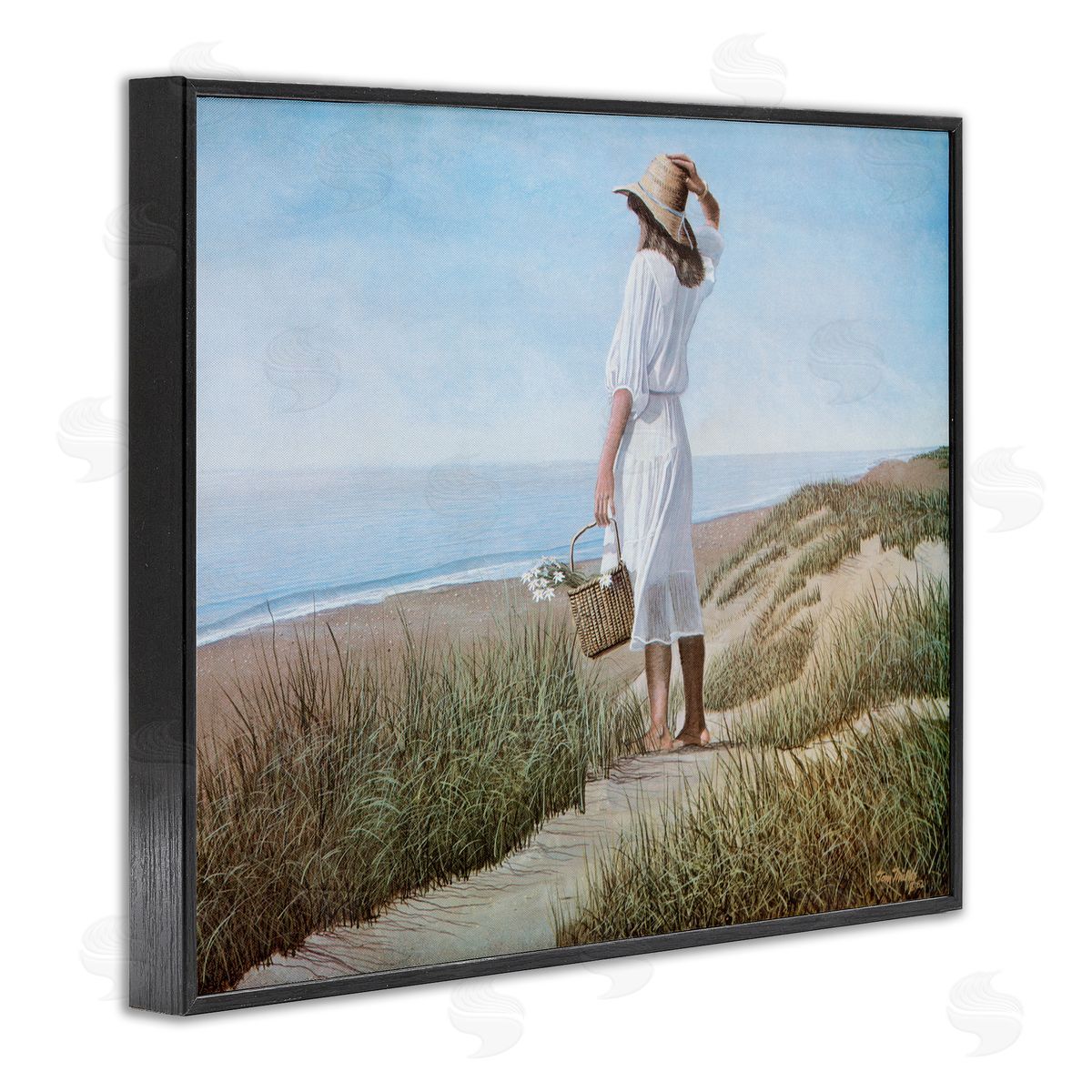 Tom Mielko Woman Enjoying Peaceful Beach Shore Landscape View Black Framed Giclee Wall Art Print