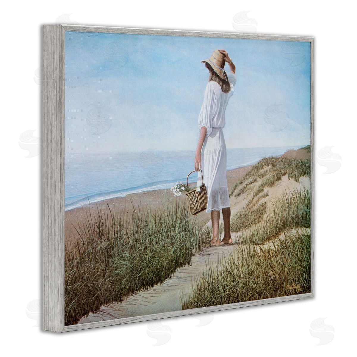 Tom Mielko Woman Enjoying Peaceful Beach Shore Landscape View Gray Framed Giclee Wall Art Print
