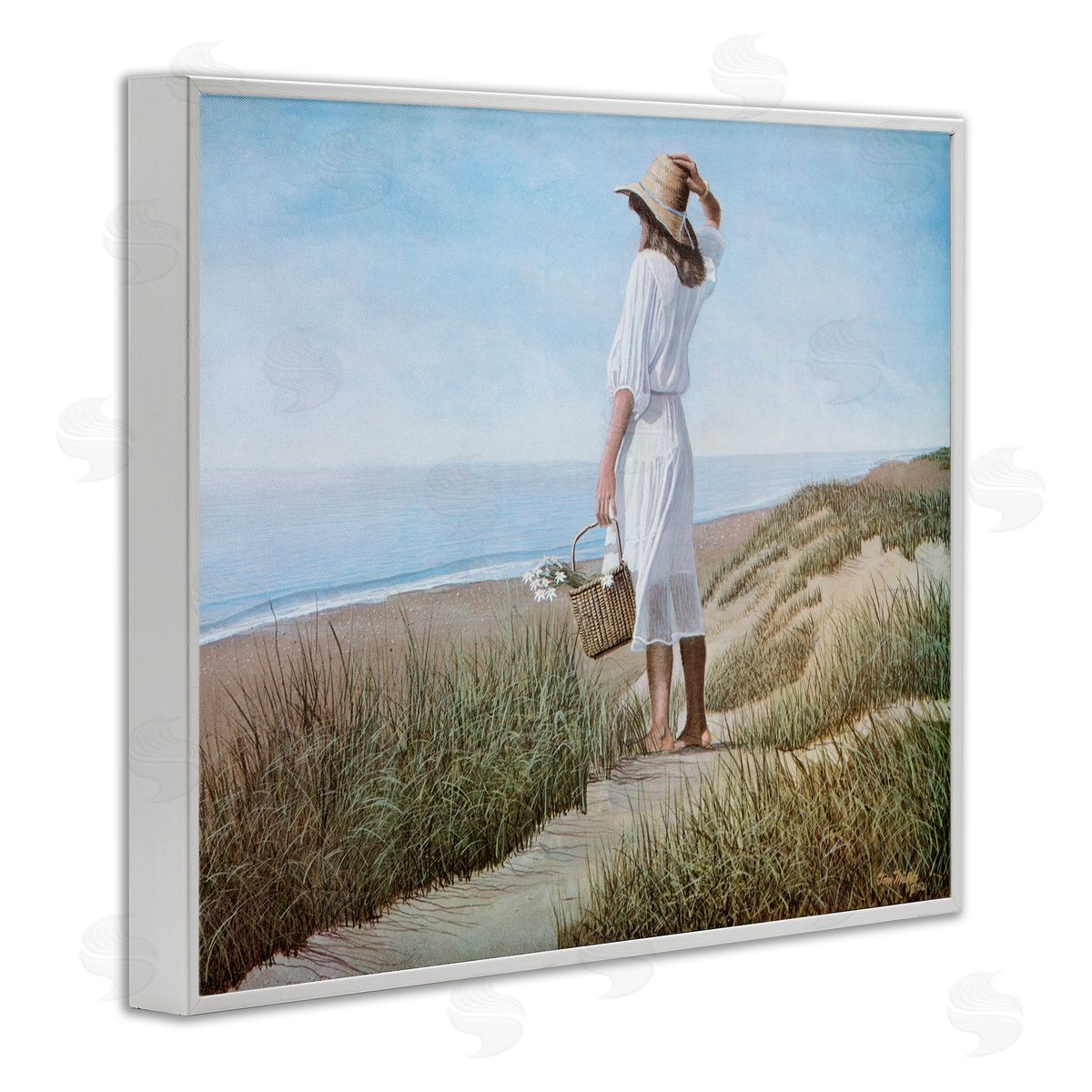 Tom Mielko Woman Enjoying Peaceful Beach Shore Landscape View White Framed Giclee Wall Art Print