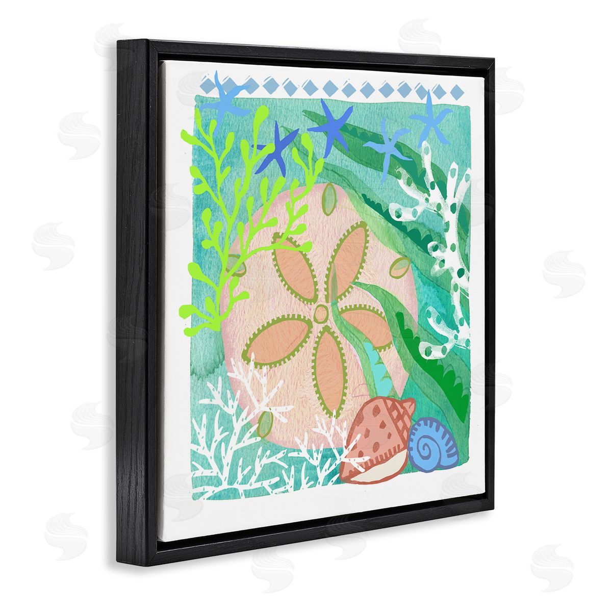 Maret Hensick Ocean Sand Dollar Collage Seashells Coral Pattern Black Floating Frame Canvas Wall Art Print