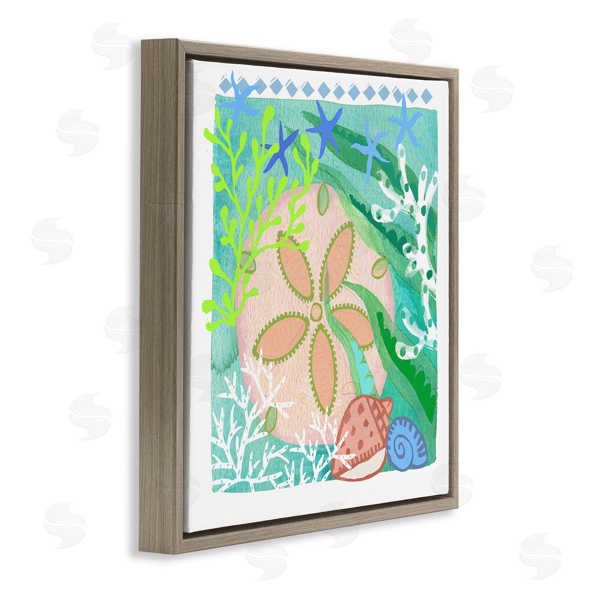 Maret Hensick Ocean Sand Dollar Collage Seashells Coral Pattern Brown Floating Frame Canvas Wall Art Print