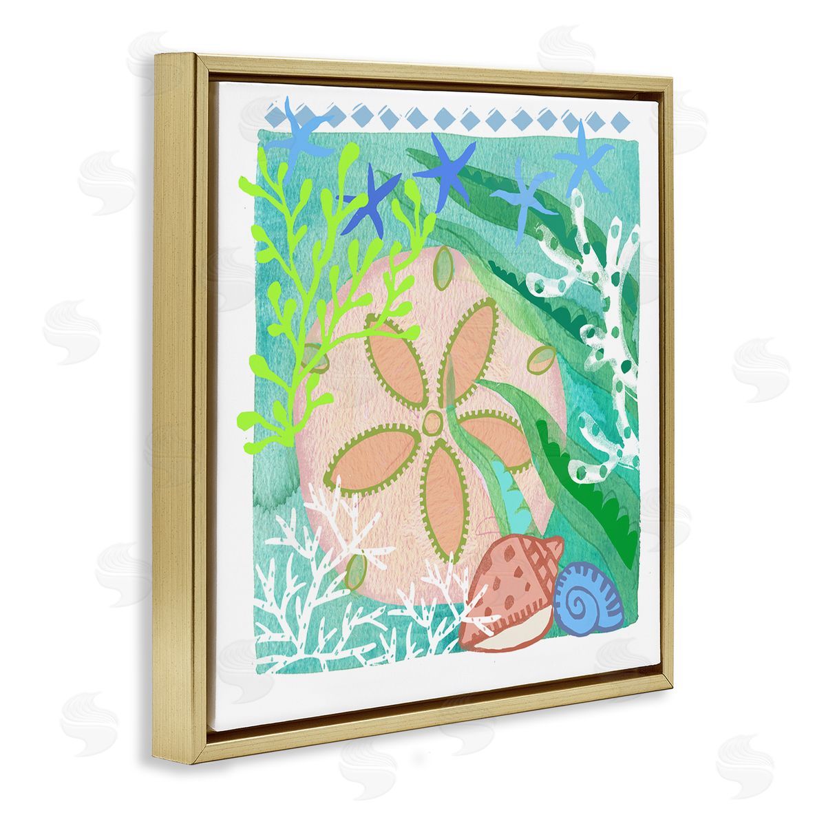 Maret Hensick Ocean Sand Dollar Collage Seashells Coral Pattern Gold Floating Frame Canvas Wall Art Print