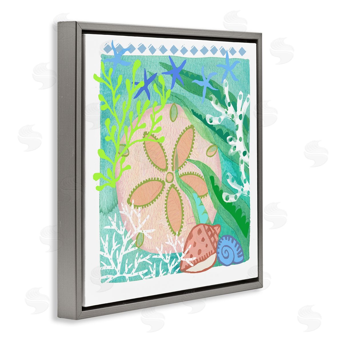 Maret Hensick Ocean Sand Dollar Collage Seashells Coral Pattern Gray Floating Frame Canvas Wall Art Print