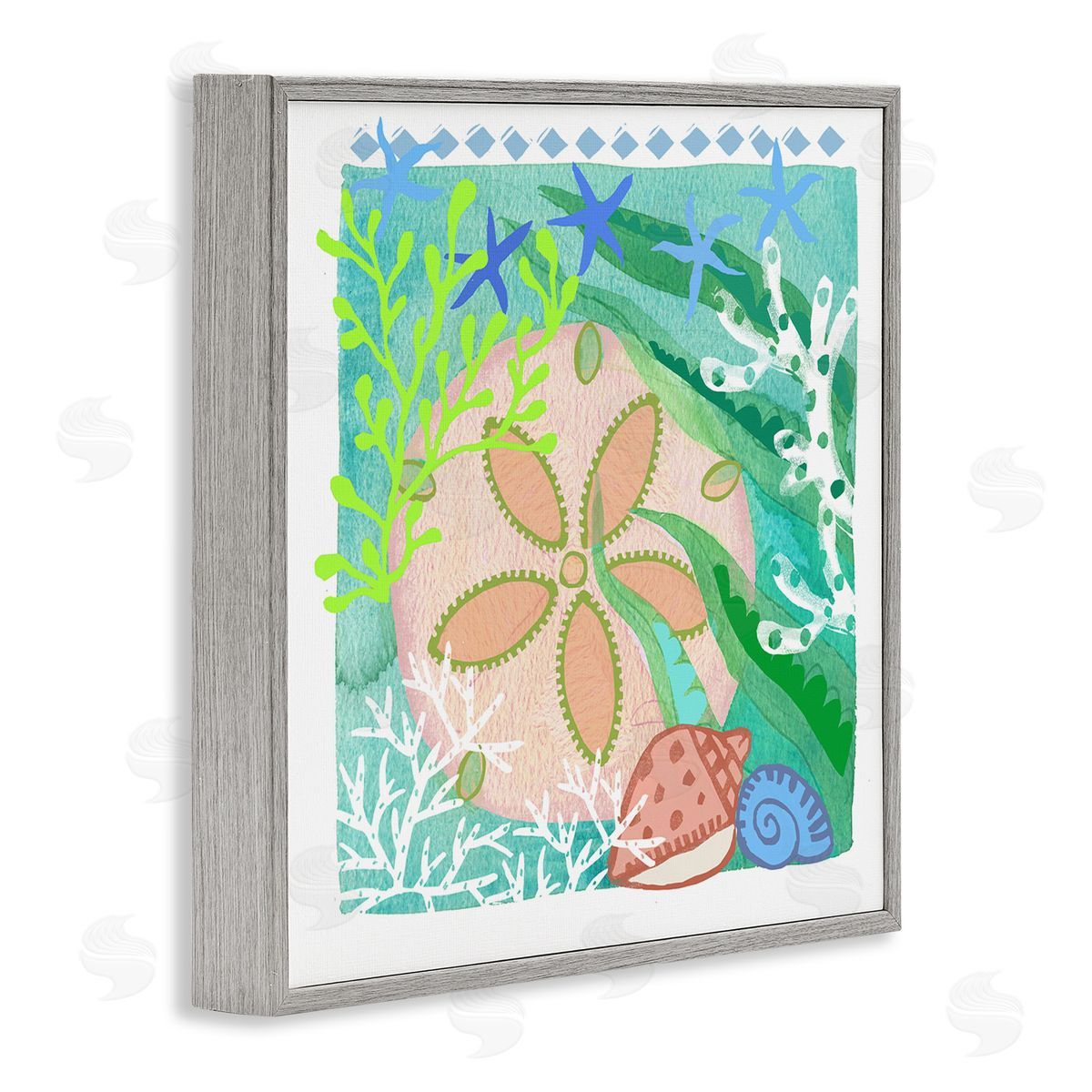 Maret Hensick Ocean Sand Dollar Collage Seashells Coral Pattern Gray Framed Glicee Wall Art Print