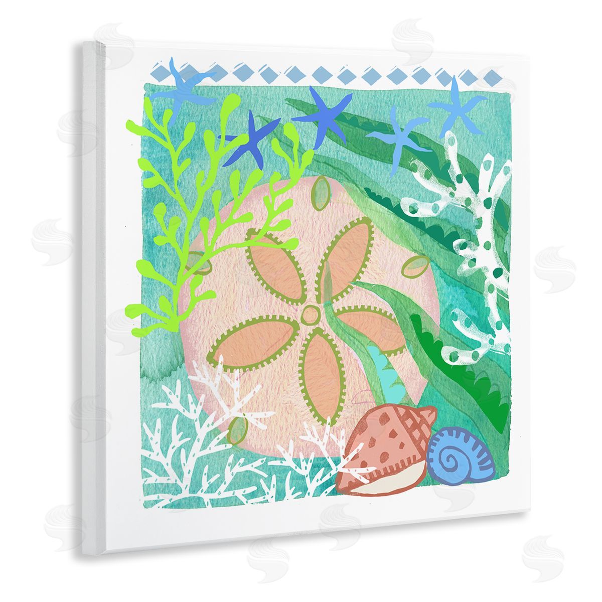 Maret Hensick Ocean Sand Dollar Collage Seashells Coral Pattern Wooden Wall Plaque Art Print