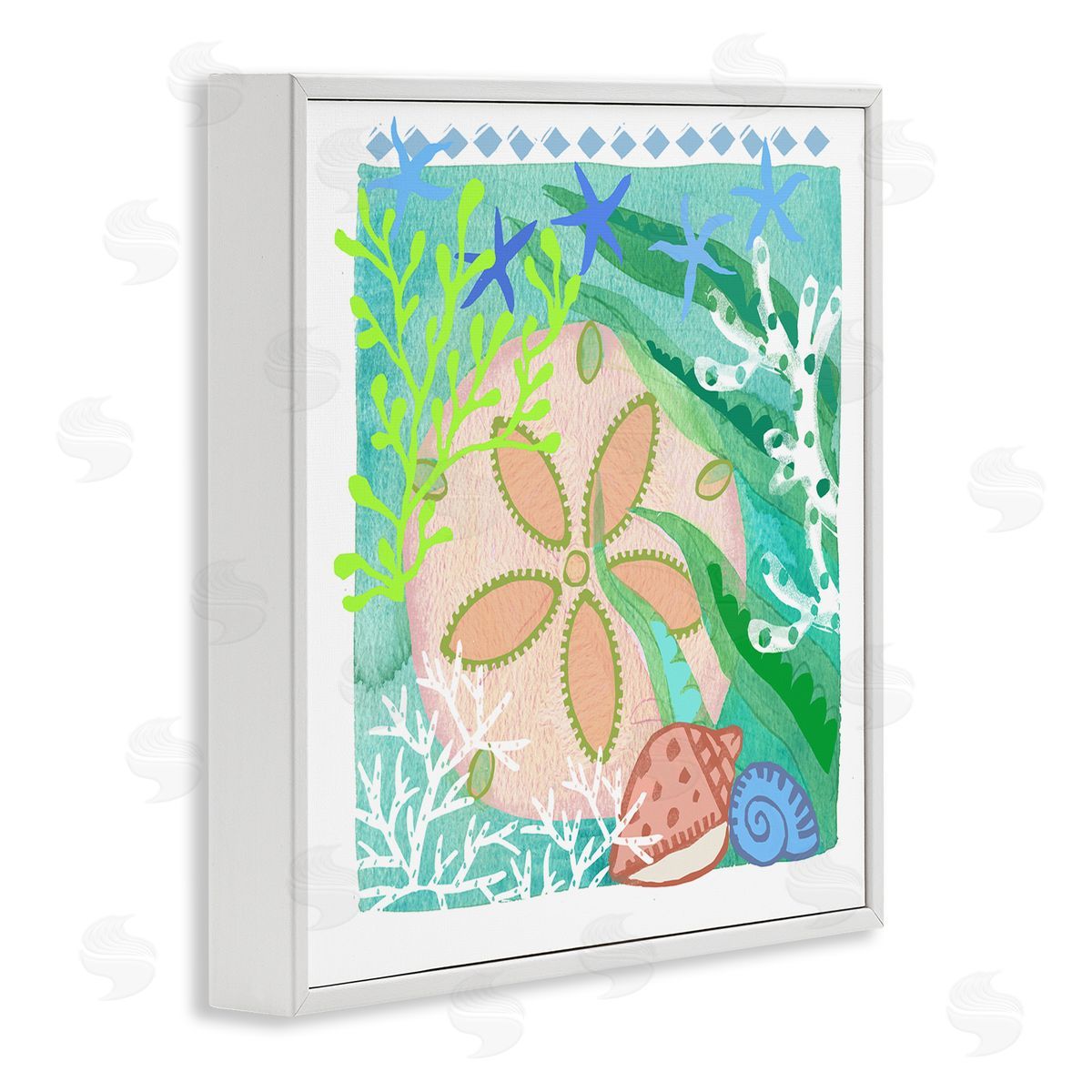 Maret Hensick Ocean Sand Dollar Collage Seashells Coral Pattern White Framed Glicee Wall Art Print