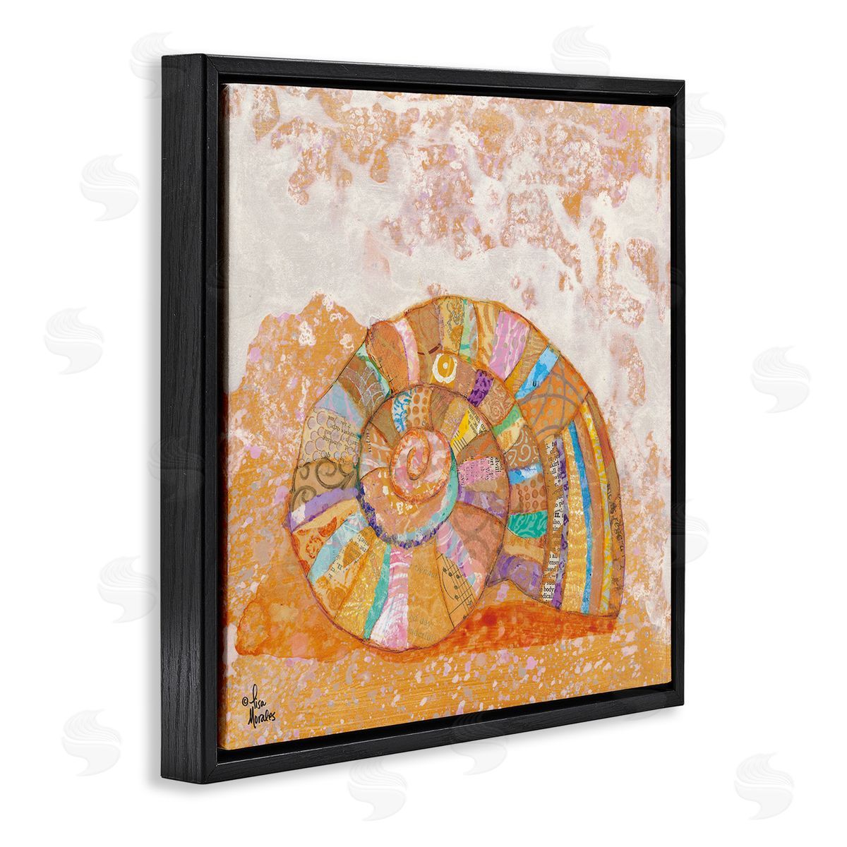 Lisa Morales Nautilus Sea Shell Various Collage Clipping Patterns Black Floating Frame Canvas Wall Art Print