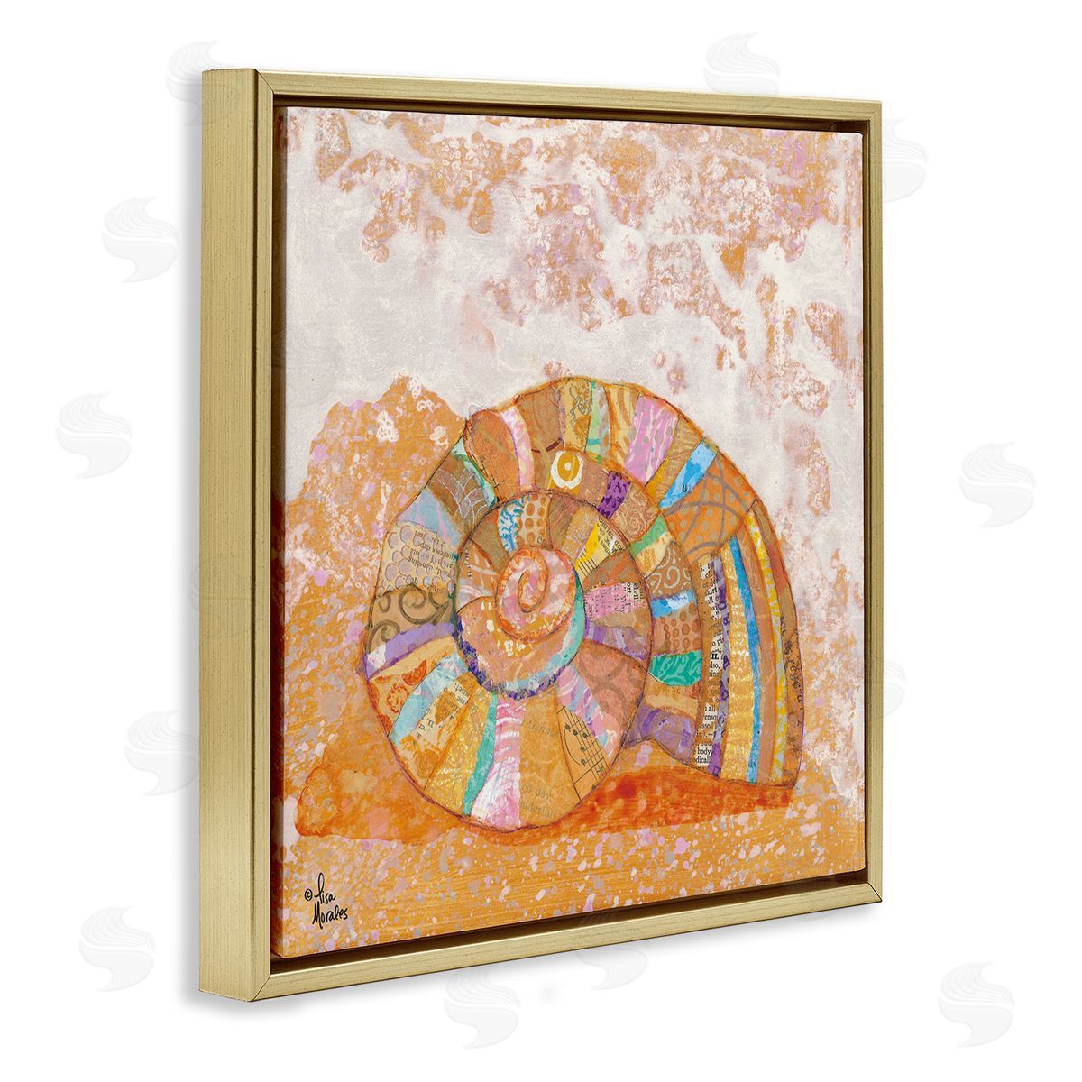Lisa Morales Nautilus Sea Shell Various Collage Clipping Patterns Gold Floating Frame Canvas Wall Art Print