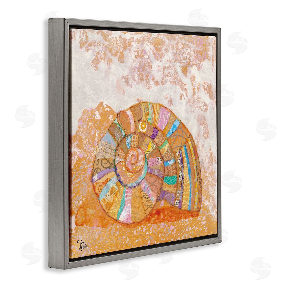 Lisa Morales Nautilus Sea Shell Various Collage Clipping Patterns Gray Floating Frame Canvas Wall Art Print