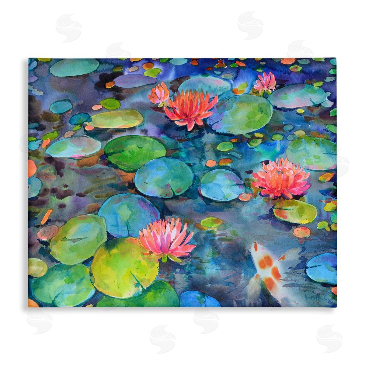 Marietta Cohen Art and Vivid Pond Lily Lotus Blossom Koi Fish Pond Stretched Canvas Wall Art Print