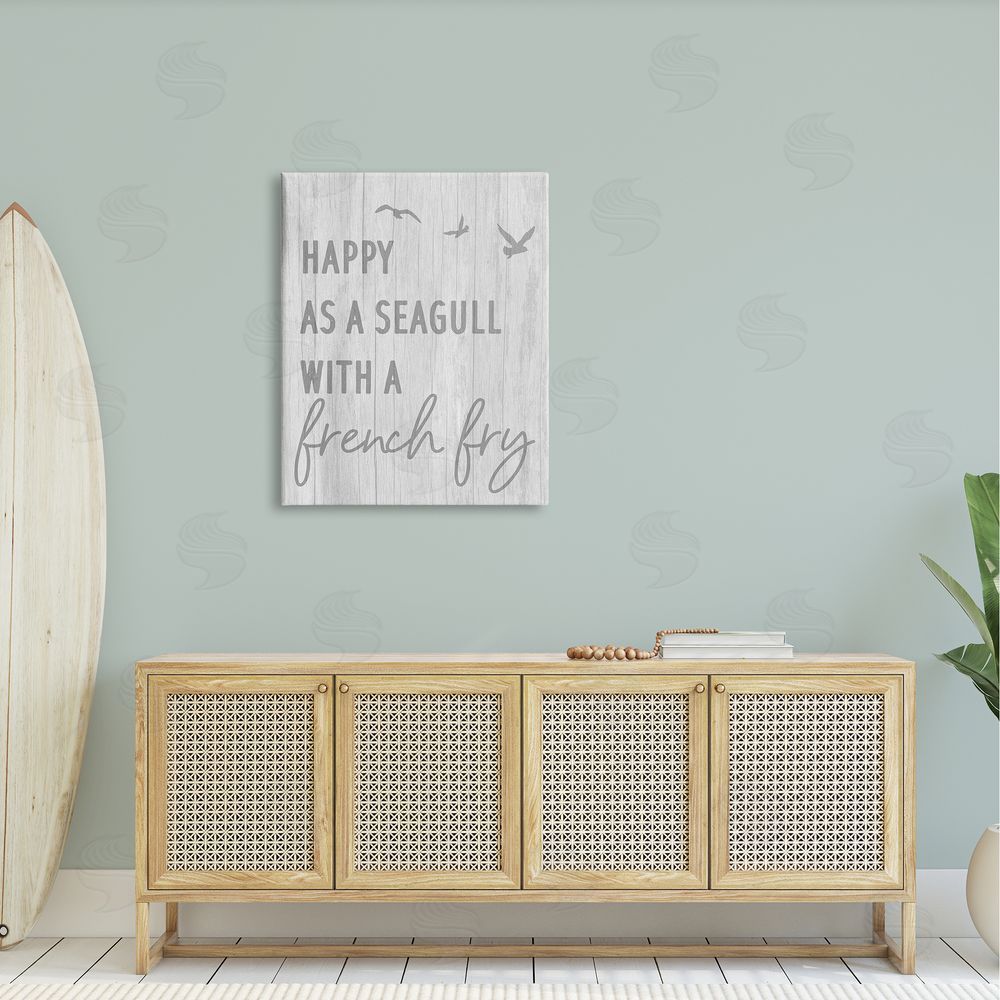 Stupell Studio Funny Happiness Phrase Rustic Seagull Beach Humor Canvas Wall Art Print in Room