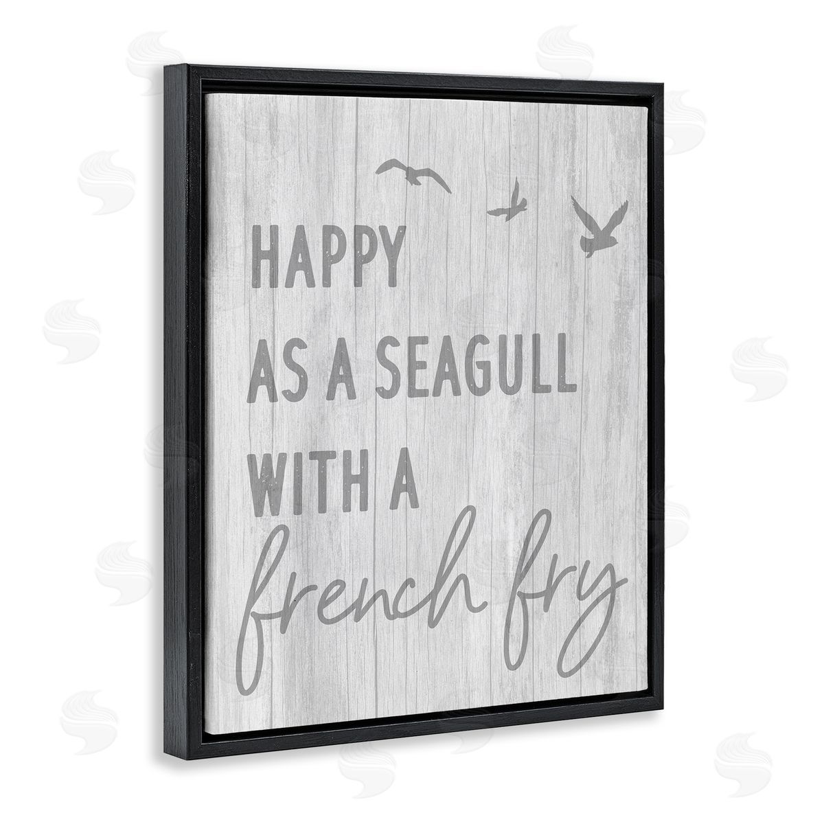 Stupell Studio Funny Happiness Phrase Rustic Seagull Beach Humor Black Floating Frame Canvas Wall Art Print