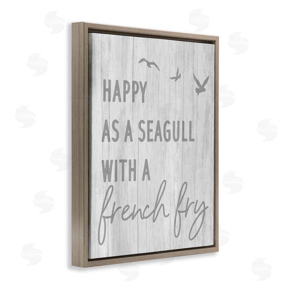 Stupell Studio Funny Happiness Phrase Rustic Seagull Beach Humor Brown Floating Frame Canvas Wall Art Print