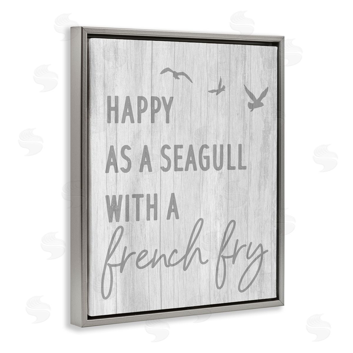 Stupell Studio Funny Happiness Phrase Rustic Seagull Beach Humor Gray Floating Frame Canvas Wall Art Print