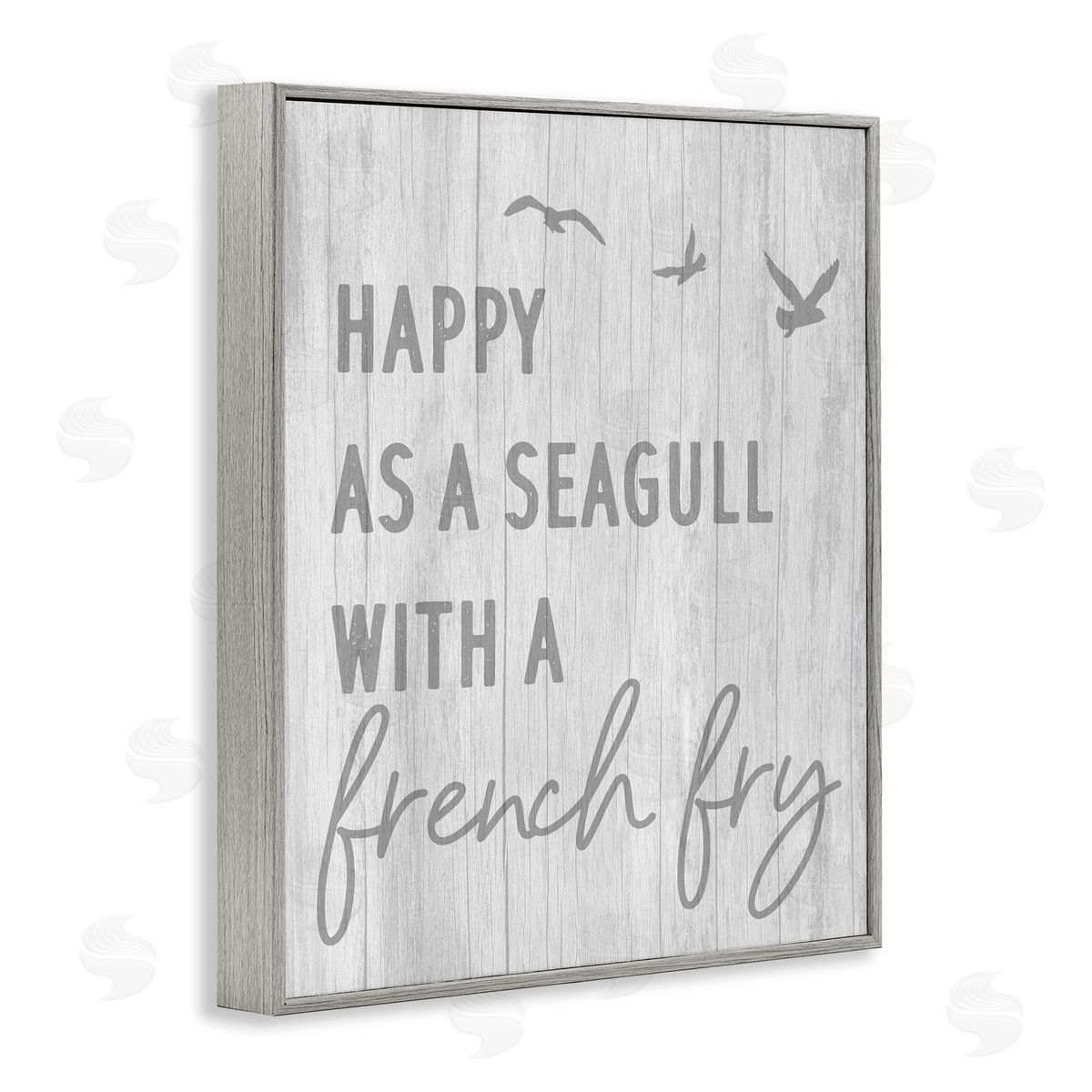 Stupell Studio Funny Happiness Phrase Rustic Seagull Beach Humor Gray Framed Giclee Wall Art Print