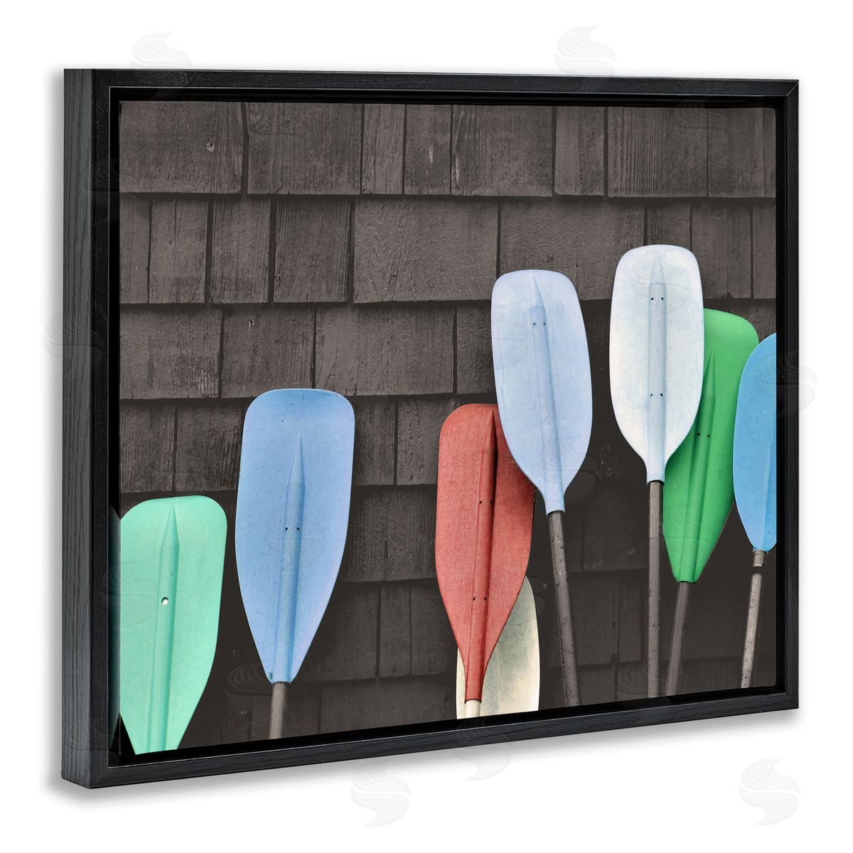 Stupell Studio Mixed Ores Against Beach Shed Boating Paddle Black Floating Frame Canvas Wall Art Print