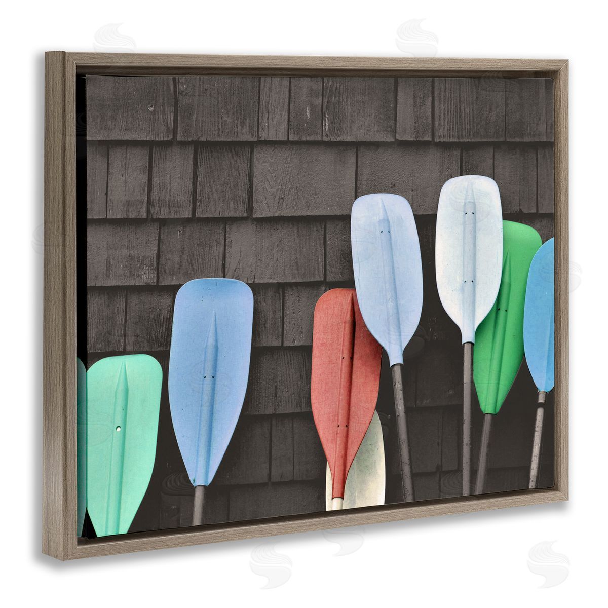 Stupell Studio Mixed Ores Against Beach Shed Boating Paddle Brown Floating Frame Canvas Wall Art Print