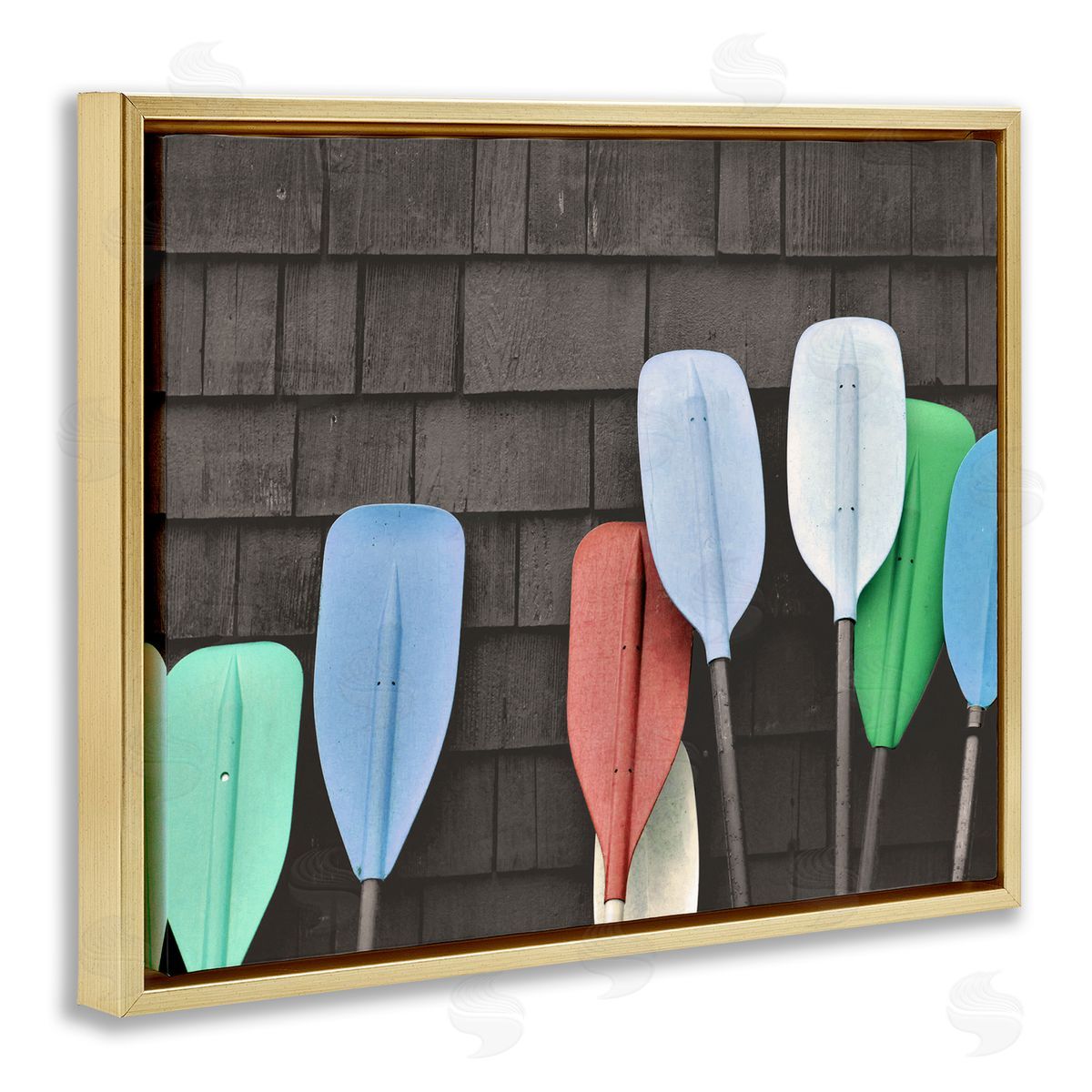 Stupell Studio Mixed Ores Against Beach Shed Boating Paddle Gold Floating Frame Canvas Wall Art Print