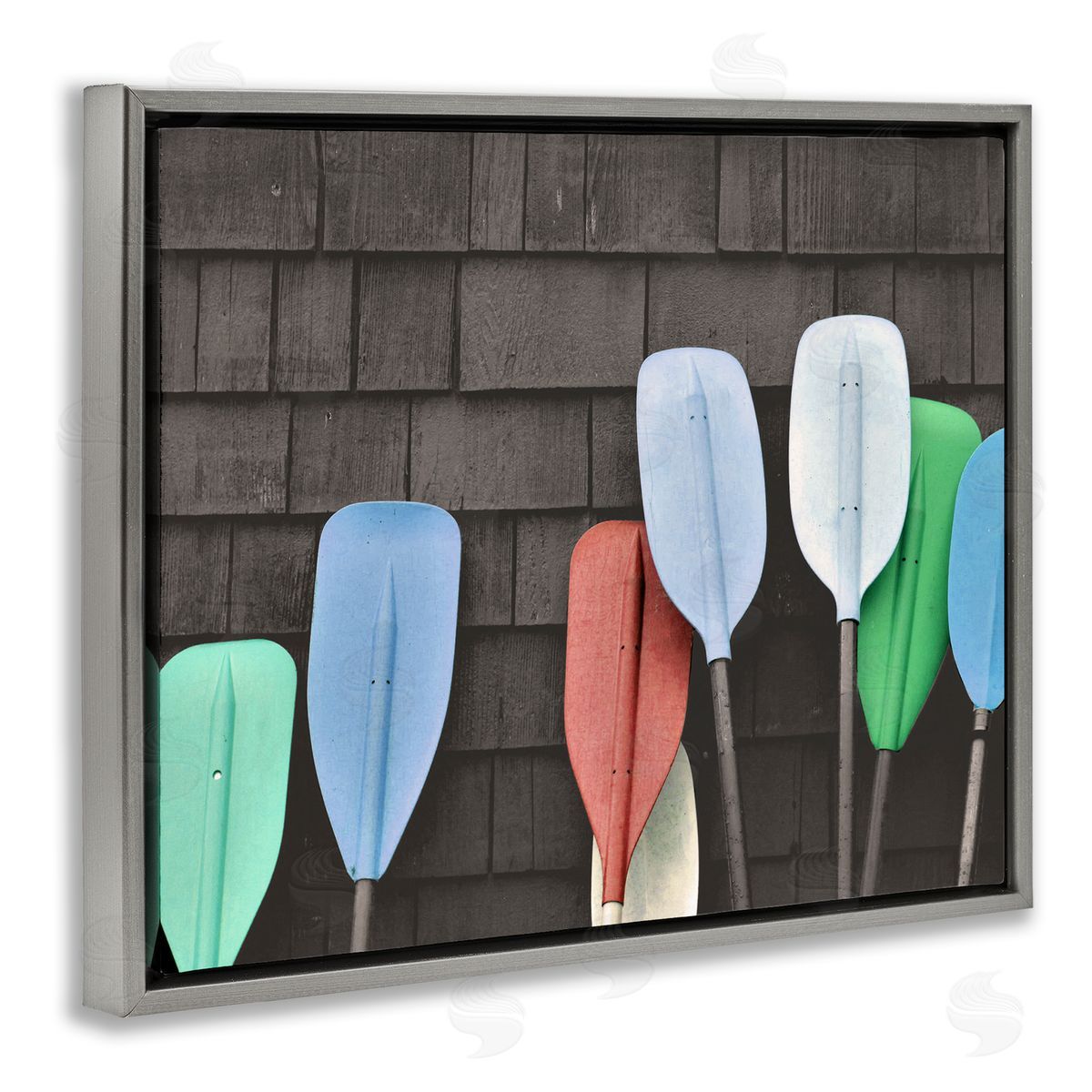 Stupell Studio Mixed Ores Against Beach Shed Boating Paddle Gray Floating Frame Canvas Wall Art Print