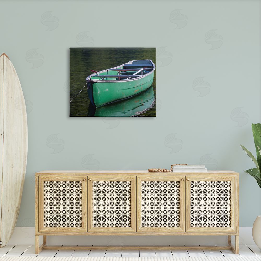Stupell Studio Green Rowboat Canoe Floating Lake Dock Photography  Canvas Wall Art Print in Room