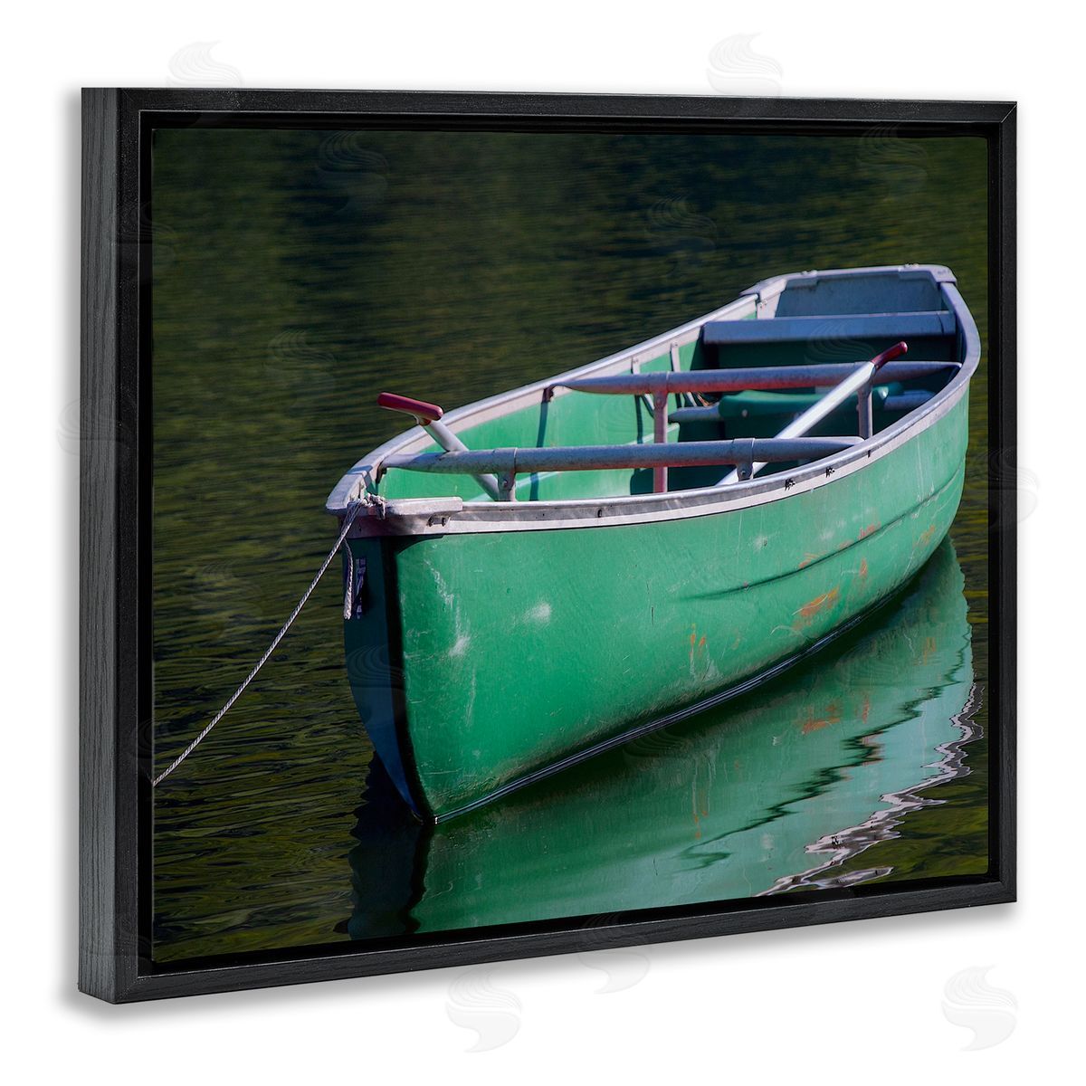 Stupell Studio Green Rowboat Canoe Floating Lake Dock Photography  Black Floating Frame Canvas Wall Art Print